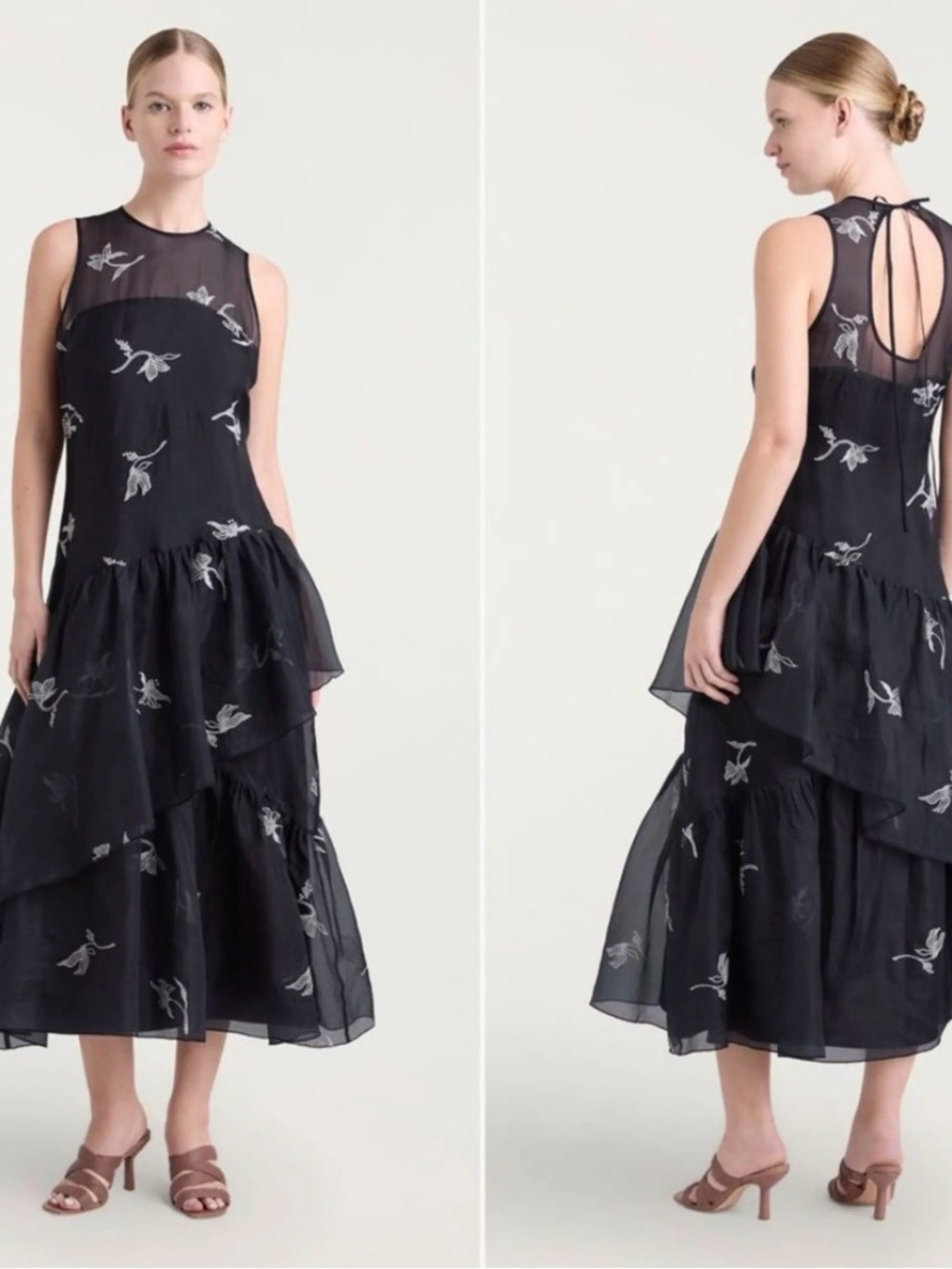 Cinq à Sept Navy Embroidered Organza Ruffle Midi Dress Size 8